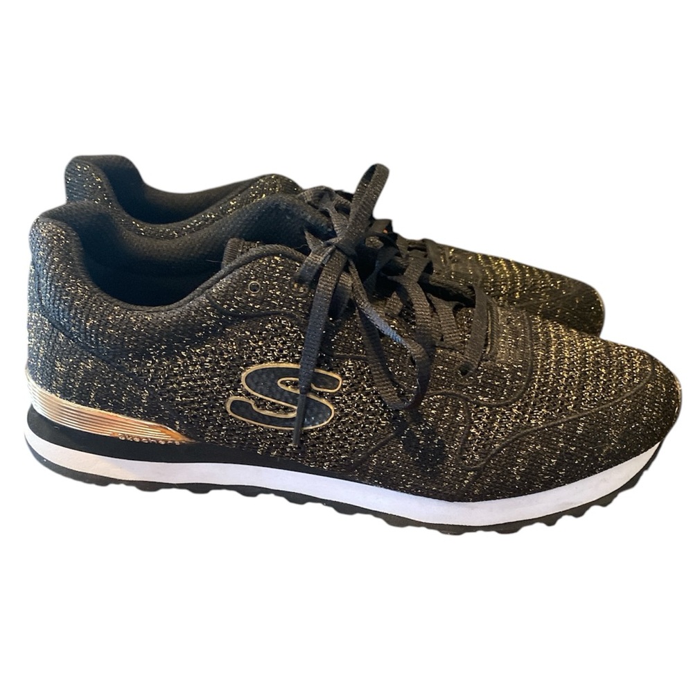 Skechers EUC 709 Trainers Memory Foam Black & Gold Lace Up Shoes, Women’s 8.5